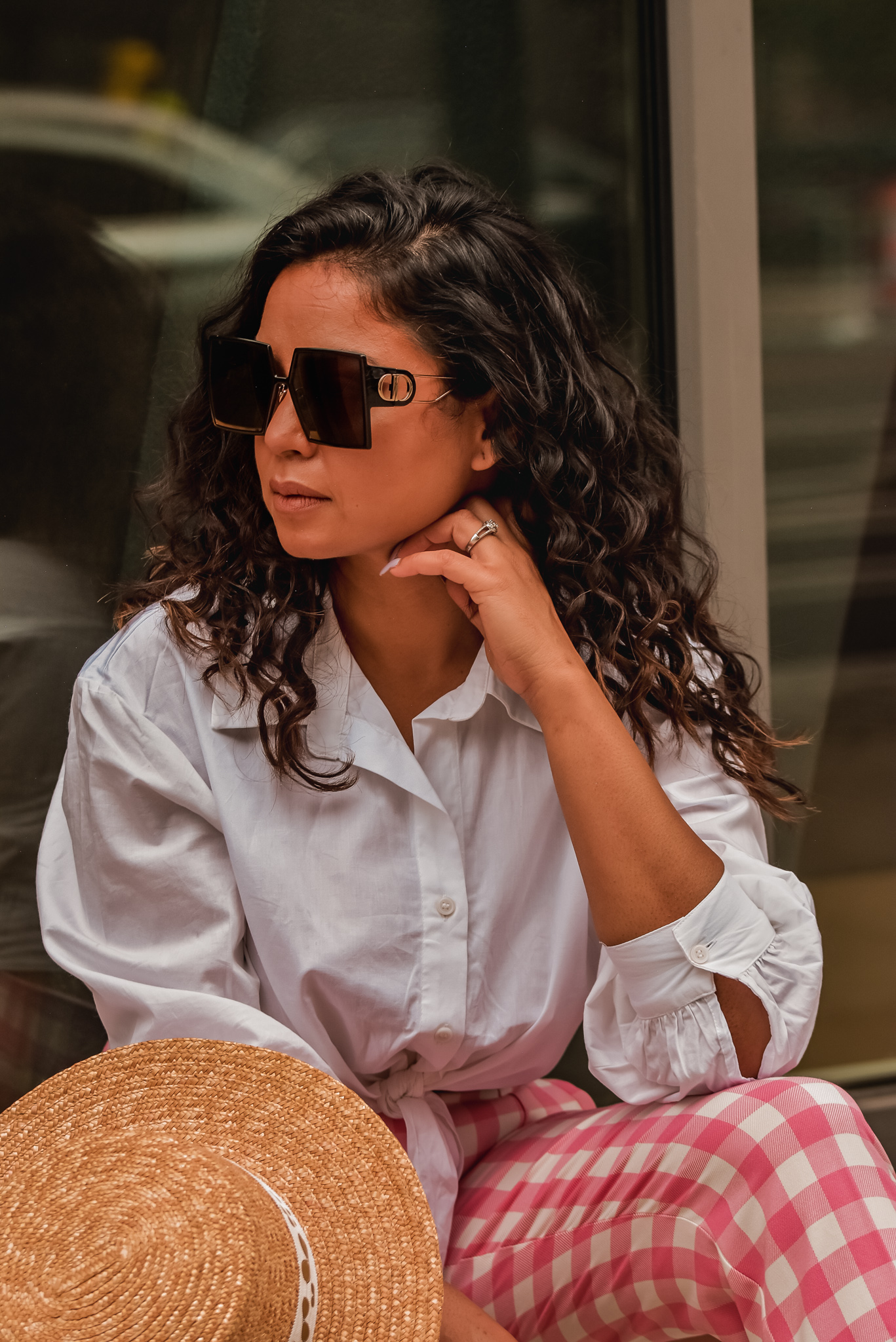 curly hair for summer, high waisted Zara gingham pants, white mule sandals, resort style, fashion blogger, myriad musings, style influencer, Saumya Shiohare 