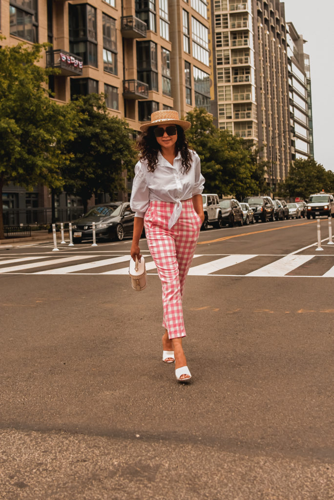 curly hair for summer, high waisted Zara gingham pants, white mule sandals, resort style, fashion blogger, myriad musings, style influencer, Saumya Shiohare 