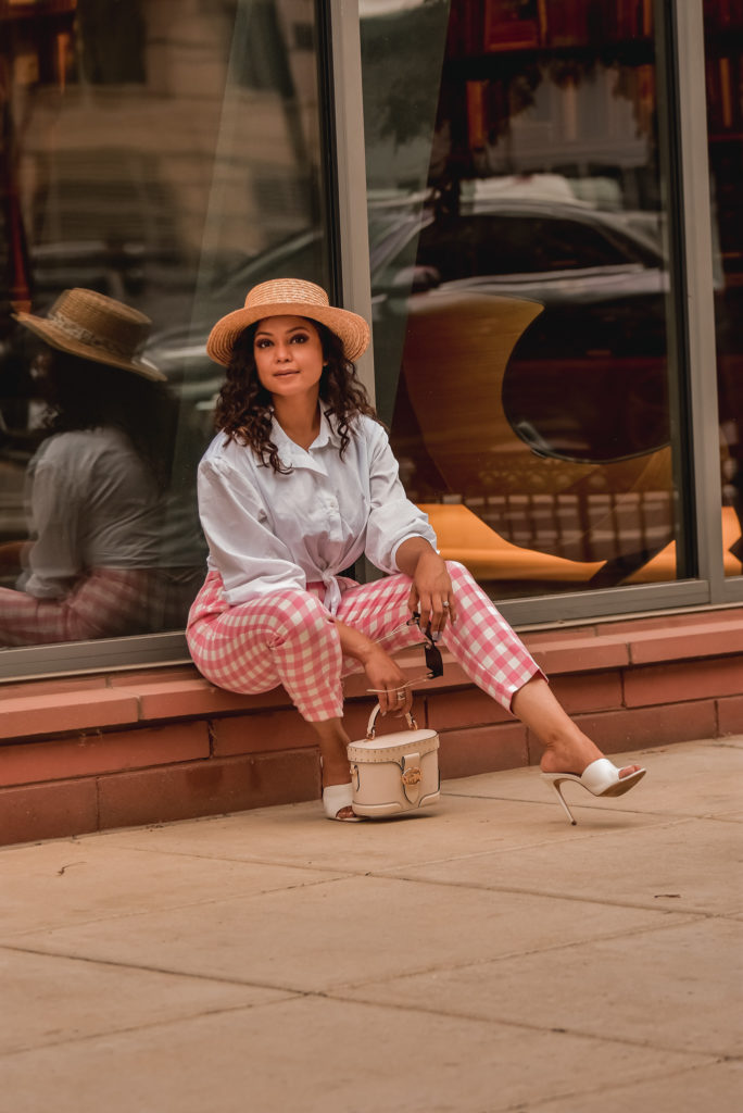 curly hair for summer, high waisted Zara gingham pants, white mule sandals, resort style, fashion blogger, myriad musings, style influencer, Saumya Shiohare 